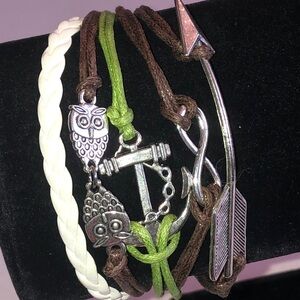 Silver Tone Brown Green Owl Anchor Arrow Charm Bracelet Set